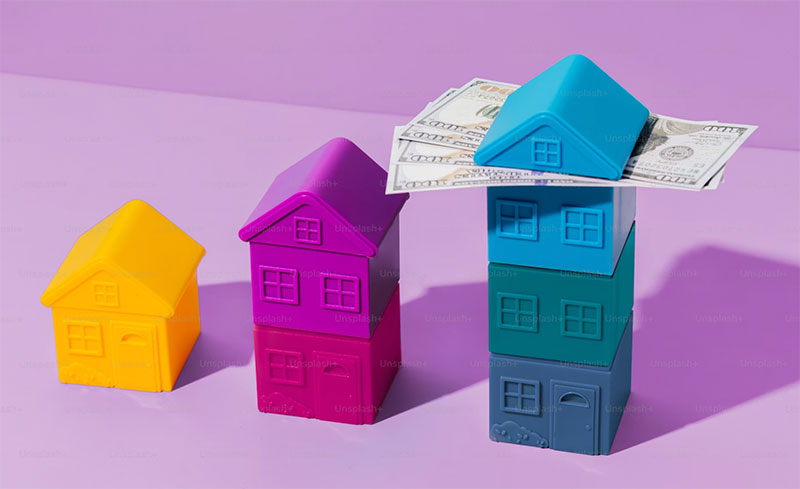 Model homes in bright colors and cash