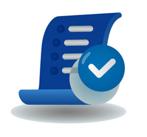 An icon of a blue document or form with a large, circular white checkmark in a blue circle overlaying the bottom right corner. This represents a completed task, a successful verification, or a finished step in a process