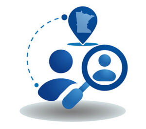An illustration featuring two blue person-shaped icons in the foreground, with a magnifying glass hovering over the right figure to represent a search or matching process. In the background, a dashed line curves upward toward a blue Minnesota state map pin, symbolizing a local connection or finding a professional within the state.