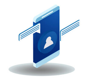 An illustration of a blue smartphone with a white profile icon on the screen. Two chat bubbles with horizontal lines emerge from the sides of the phone, representing active communication, messaging, or a digital matching servic