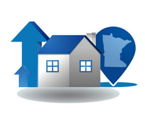 An illustration of a small, modern house with two windows, positioned in front of a large blue upward-pointing arrow. To the right, a dark blue Minnesota state map pin marks the location, representing real estate growth and local market activity in Minnesota.