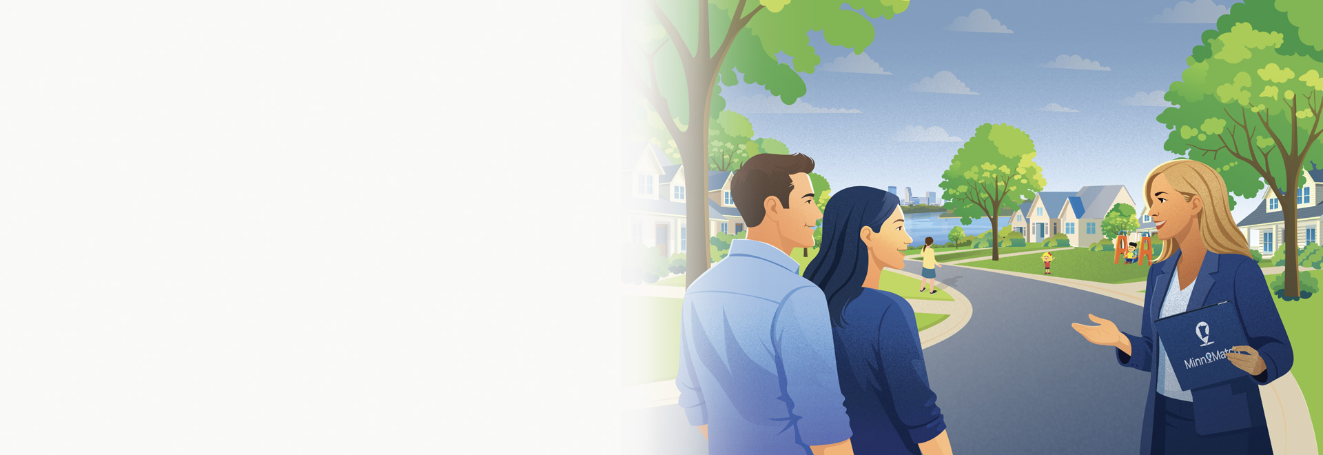 An illustration of a male and female real estate agent in blue suits standing together on a paved path in a suburban neighborhood with houses and trees in the background
