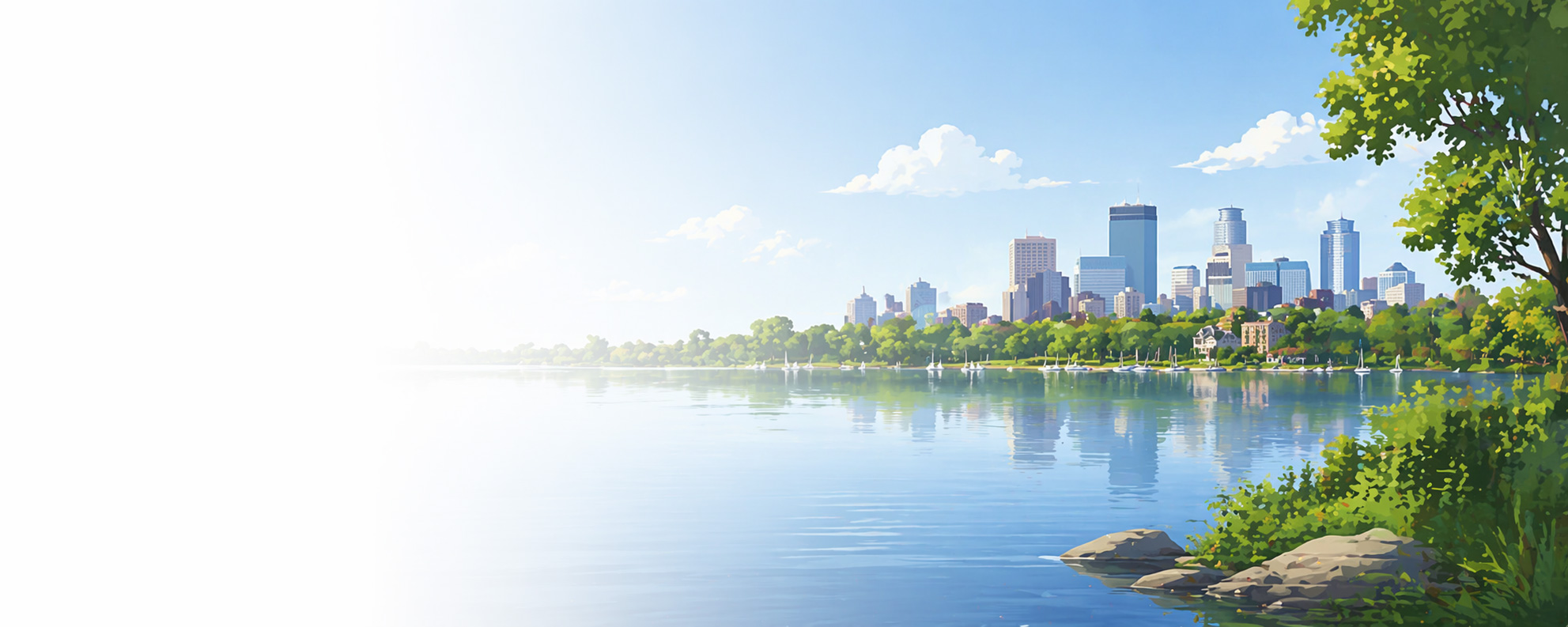 An illustration of a peaceful lake in Minneapolis, featuring sailboats on the water, lush green trees along the shoreline, and the city skyline in the background under a bright sky.