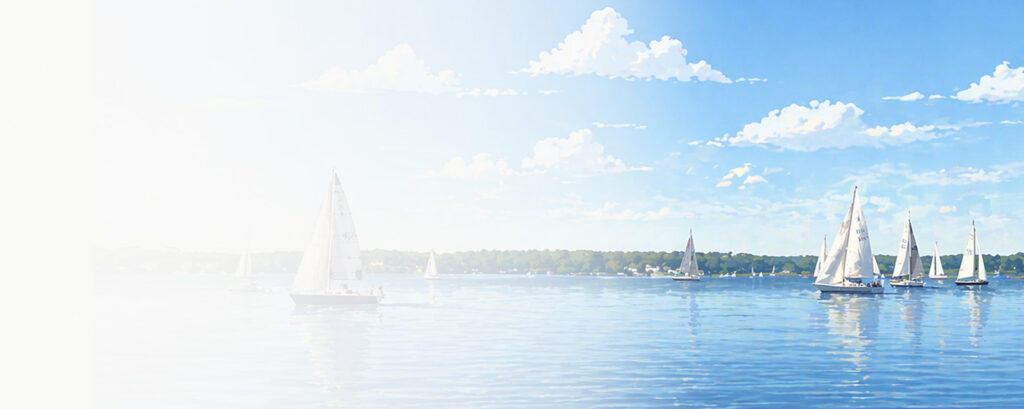 Wide-angle view of Lake Minnetonka. It features calm blue water reflecting a clear sky with soft, scattered clouds. In the distance, the shoreline is lined with lush green trees and a few upscale lakefront homes, capturing the quiet, high-end residential character of the area.