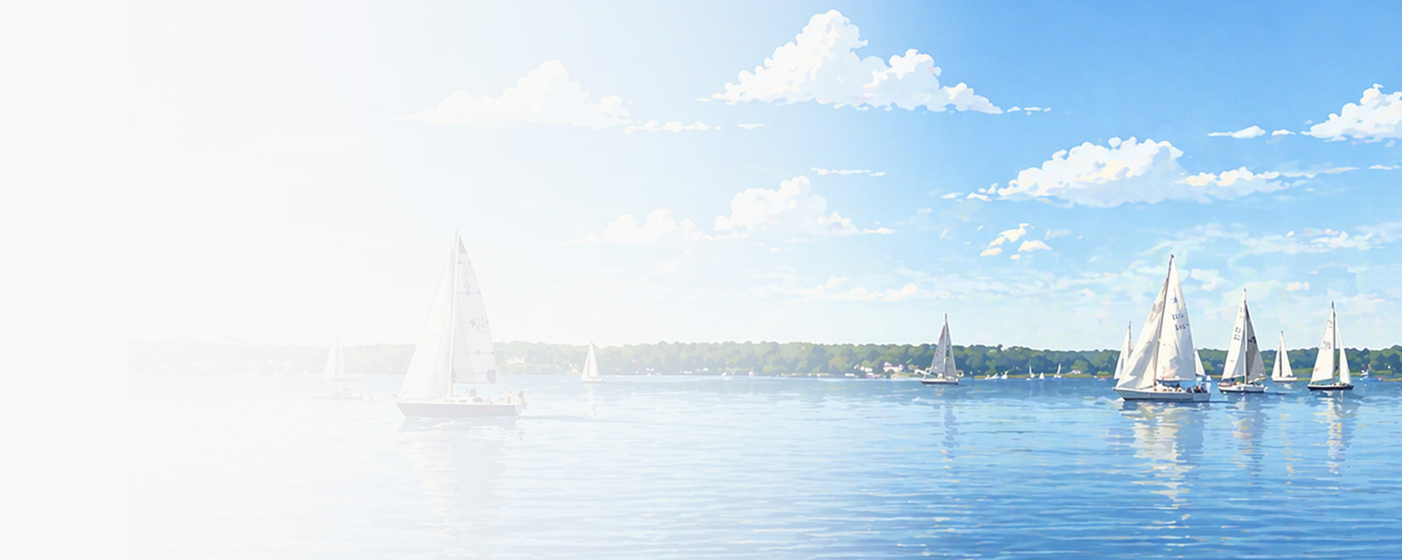 Wide-angle view of Lake Minnetonka. It features calm blue water reflecting a clear sky with soft, scattered clouds. In the distance, the shoreline is lined with lush green trees and a few upscale lakefront homes, capturing the quiet, high-end residential character of the area.