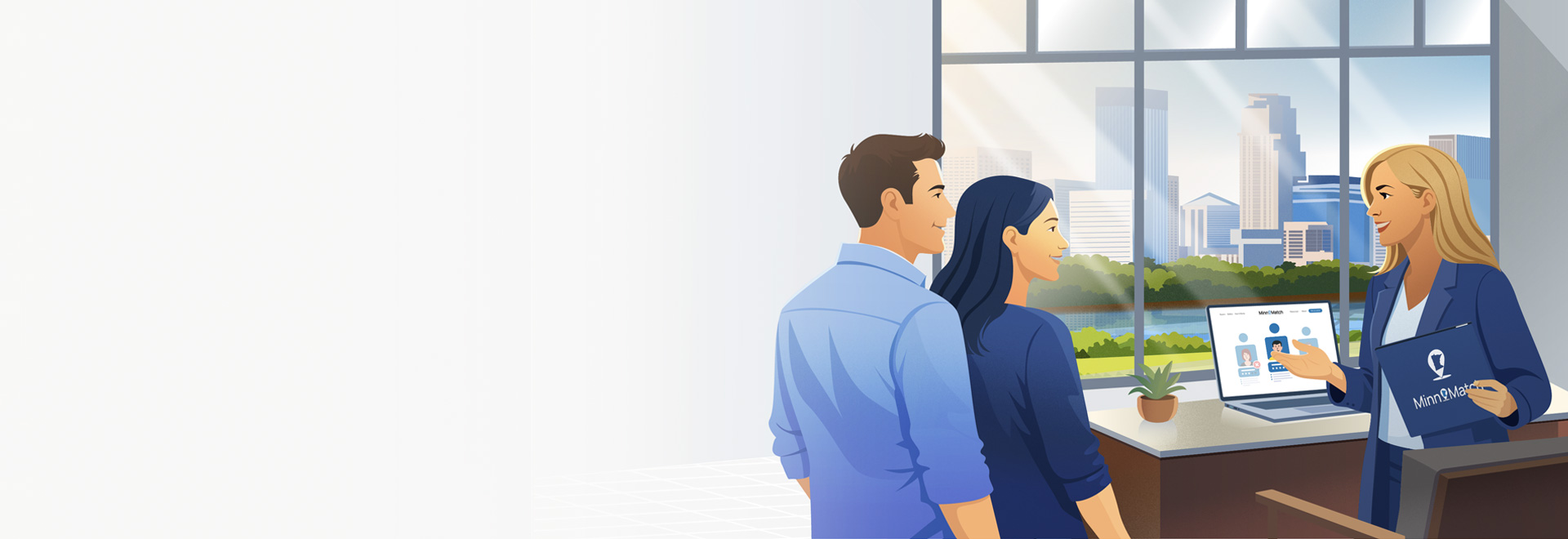 An illustration of a man and woman standing in a modern office, looking at a laptop screen held by a professional woman. The screen displays real estate agent profiles with headshots. In the background, a large window reveals a scenic view of a lake with a sailboat and a city skyline.