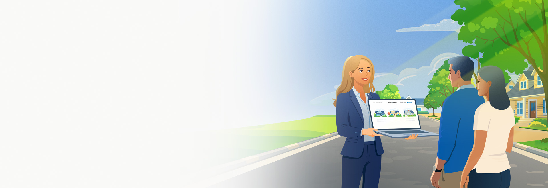 An illustration of a professional woman in a blue suit standing on a path, holding a digital tablet that displays a real estate agent profile. In the background, a modern house and a clear blue sky suggest a suburban residential setting.