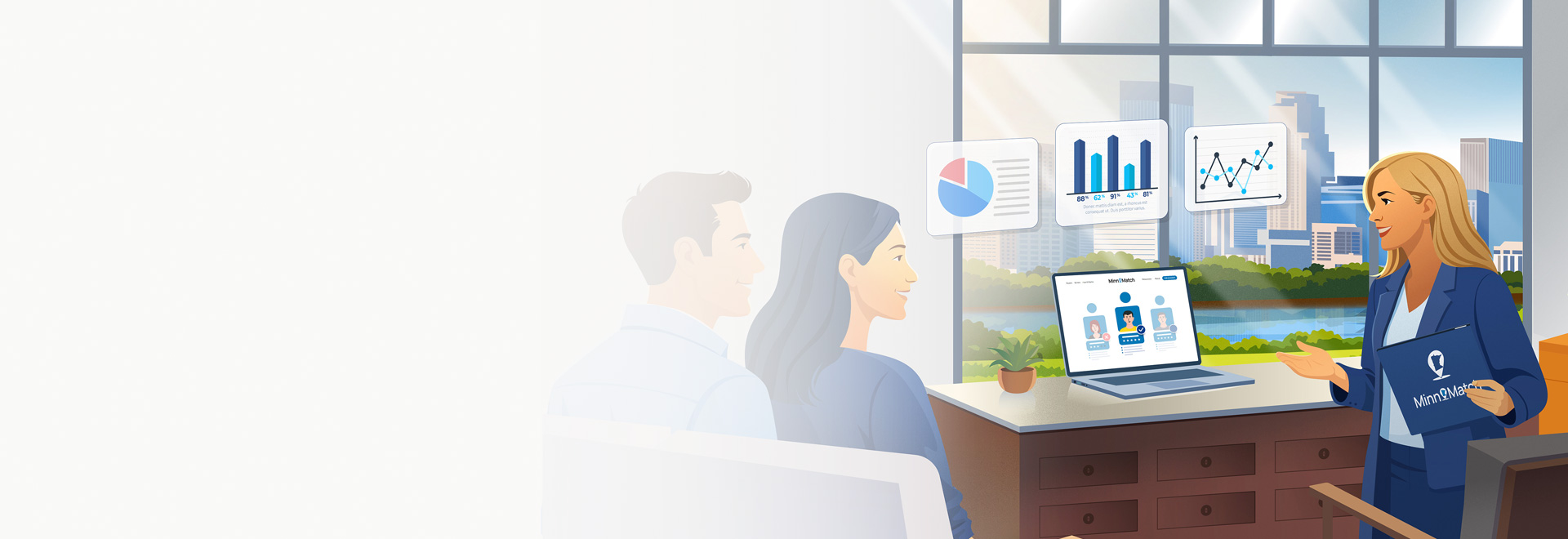 An illustration of a man and a woman in a modern office analyzing real estate market data on a large display showing bar charts and graphs.