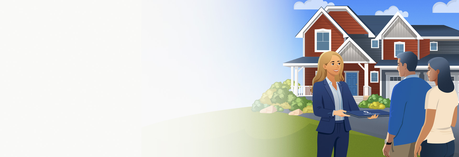 An illustration of a professional female real estate agent in a blue suit standing next to a for sale sign in the front yard of a suburban home.