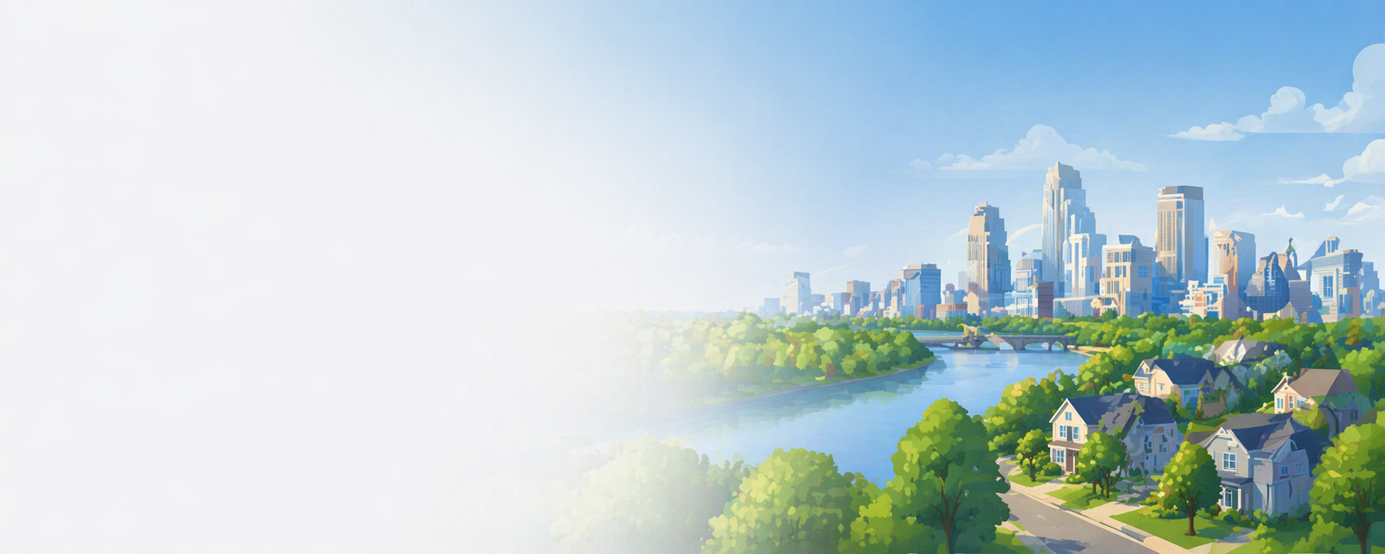 An illustration of a river winding through a city with a stone bridge, lush green trees, and the Minneapolis skyline in the background under a clear blue sky.
