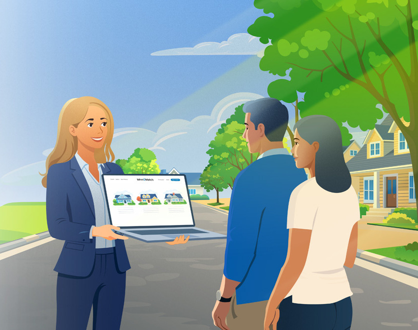 A real estate agent showing the MinnMatch website to a couple on a suburban Twin Cities street