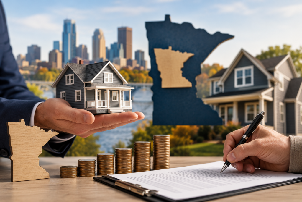 Real estate agent holding a model home with stacked coins and a signed contract, Minnesota state outline in background