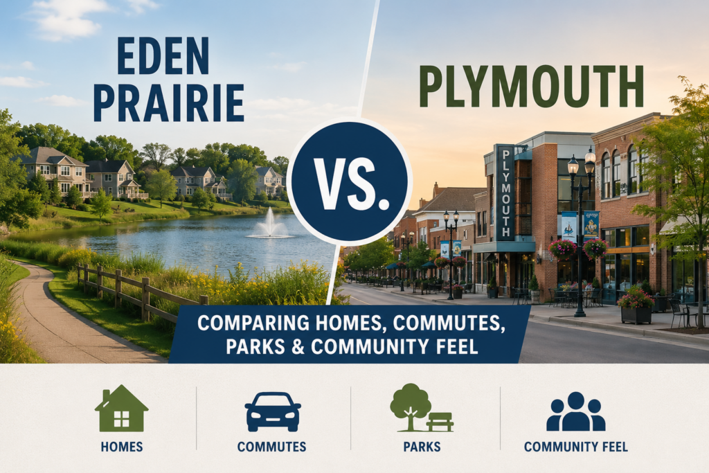 Eden Prairie vs Plymouth comparison graphic showing homes, commutes, parks, and community feel in two Twin Cities western suburbs