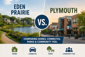 Eden Prairie vs Plymouth comparison graphic showing homes, commutes, parks, and community feel in two Twin Cities western suburbs