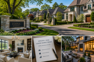 Edina Minnesota luxury homes in spring 2026 featuring stone architecture, manicured landscaping, elegant living spaces, and outdoor entertaining areas