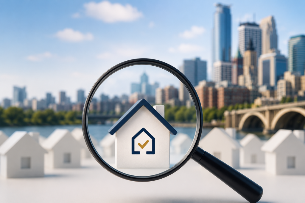 A magnifying glass focusing on a home with a checkmark icon, with the Minneapolis skyline in the background — representing finding the right real estate agent in the Twin Cities