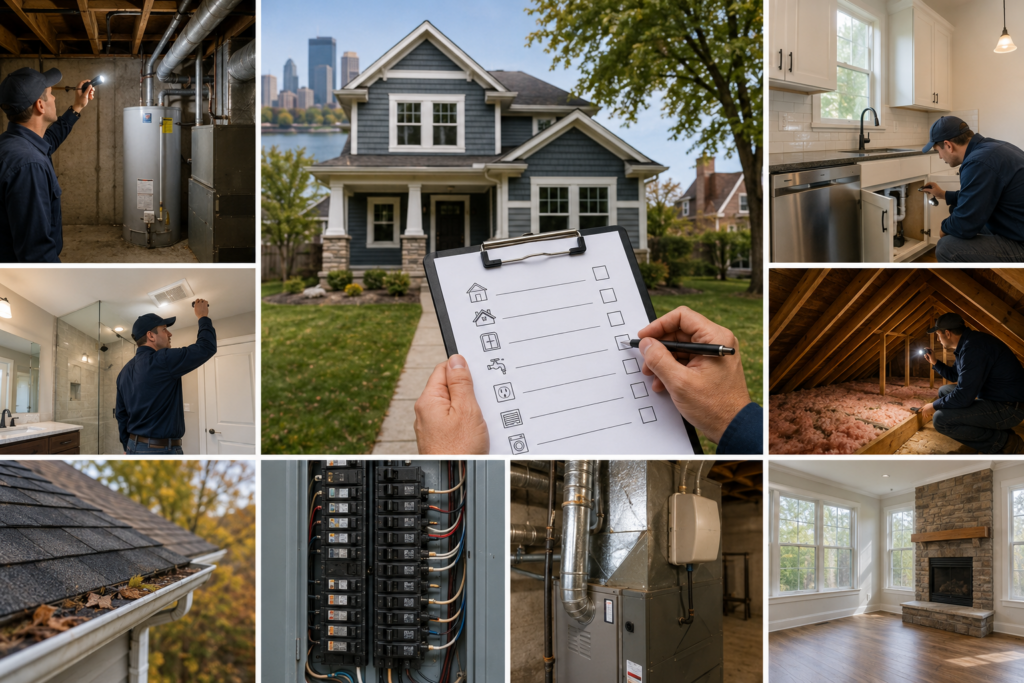Home inspection checklist for Twin Cities buyers — inspector examining basement, attic, electrical, and HVAC systems