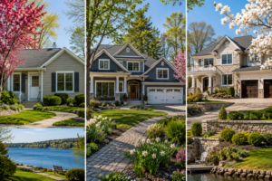 Three Minnetonka MN homes in spring representing $350K, $500K, and $700K price tiers, with lake view