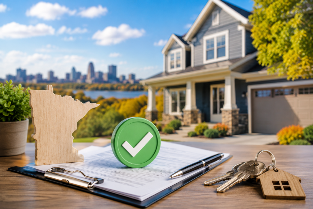 Mortgage pre-approval documents with house keys, a green approval checkmark, and a Minnesota state outline, with a Twin Cities suburban home in the background