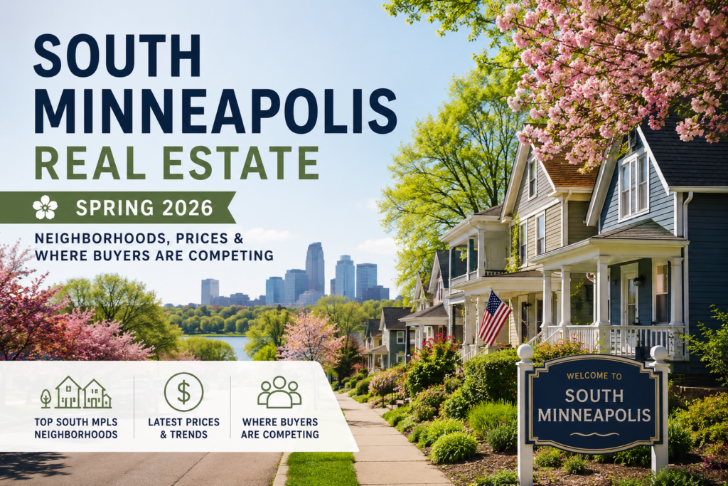 South Minneapolis real estate spring 2026 — lakeside homes, cherry blossoms, and the Minneapolis skyline