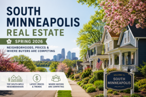 South Minneapolis real estate spring 2026 — lakeside homes, cherry blossoms, and the Minneapolis skyline