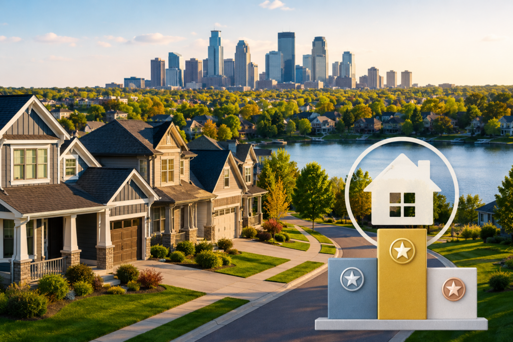 Twin Cities suburbs ranked best places to buy a home in 2026, with Minneapolis skyline in background