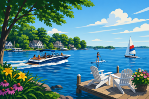 Illustrated scene of Lake Minnetonka on a sunny summer day with a motorboat, paddleboarder, and sailboat on the water, Adirondack chairs on a dock, and lakefront homes along the wooded shoreline.