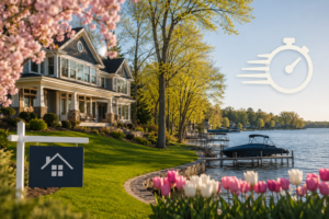 Lake Minnetonka waterfront home for sale in spring 2026 with dock, boat, and tulips in bloom