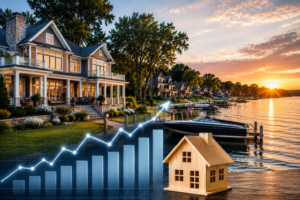 Wayzata MN real estate 2026 — luxury lakefront home on Lake Minnetonka with market trend chart at sunset