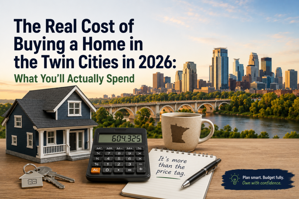 Calculator, house keys, and a model home on a desk with the Minneapolis skyline in the background, illustrating the real cost of buying a home in the Twin Cities in 2026