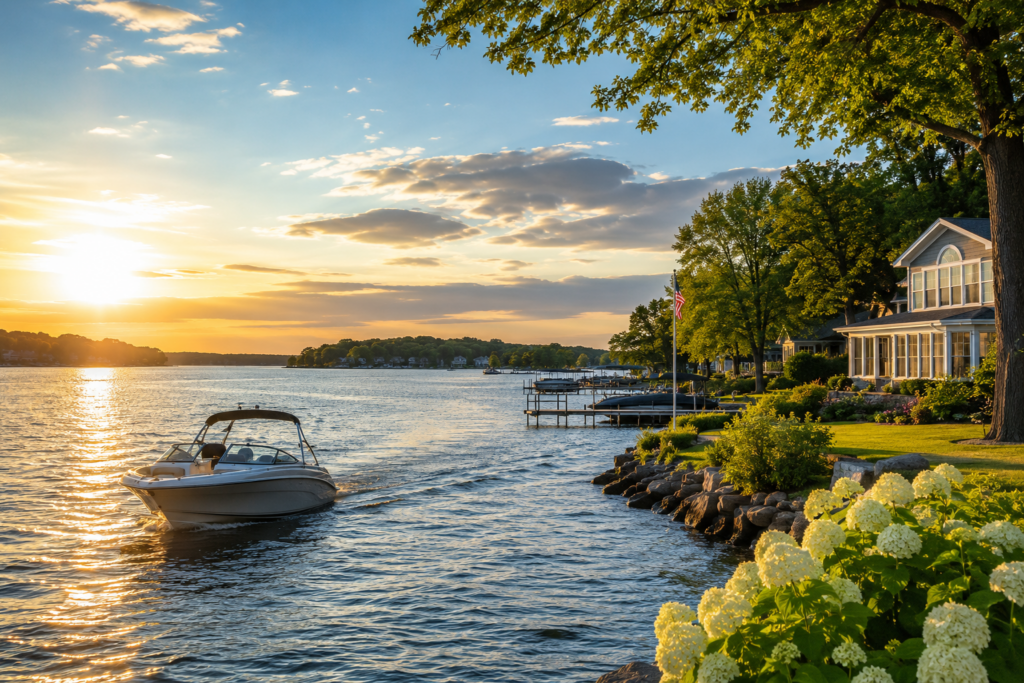Lakefront home on Lake Minnetonka at sunset with a motorboat on the water, a private dock, hydrangeas in the foreground, and mature trees framing the property