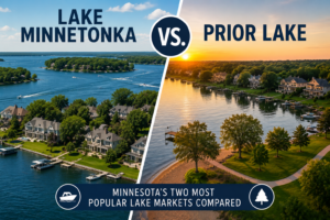 Aerial comparison of Lake Minnetonka and Prior Lake waterfront homes in Minnesota