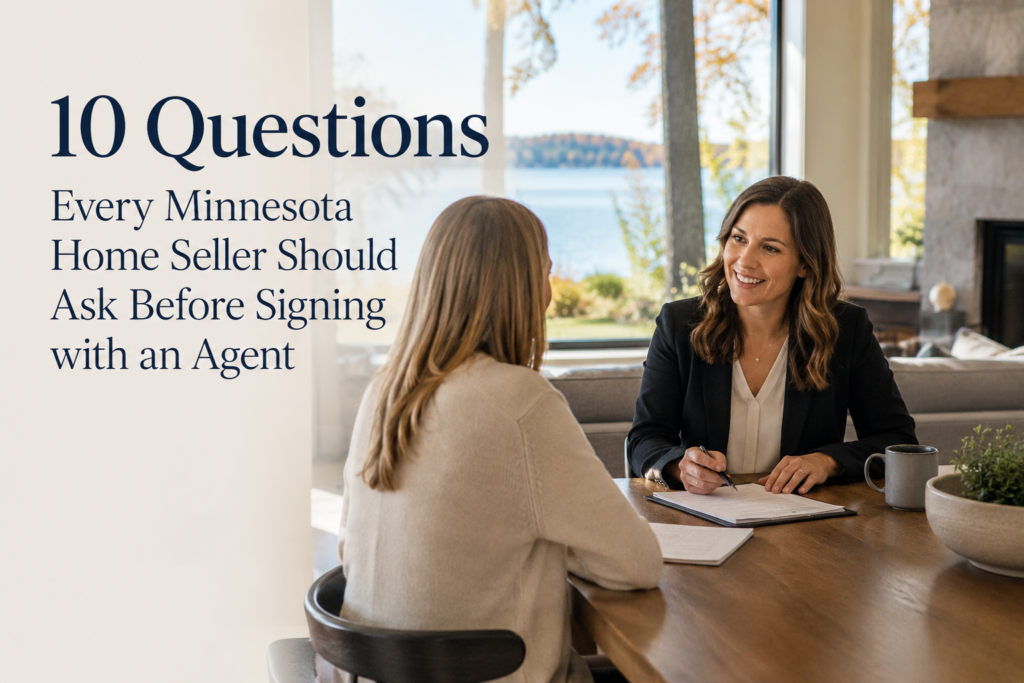 Minnesota home seller meeting with a real estate agent at a lake house dining table to ask listing questions