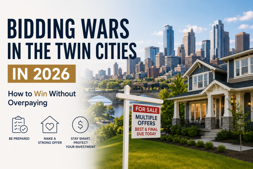 Twin Cities home with "Multiple Offers – Best & Final Due Today" sign in front yard, Minneapolis skyline in background