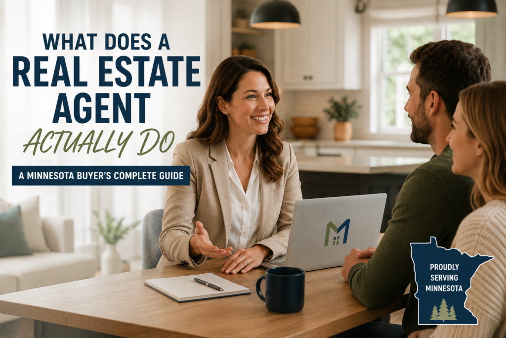 A Minnesota real estate agent meeting with home buyers at a table to discuss the home buying process