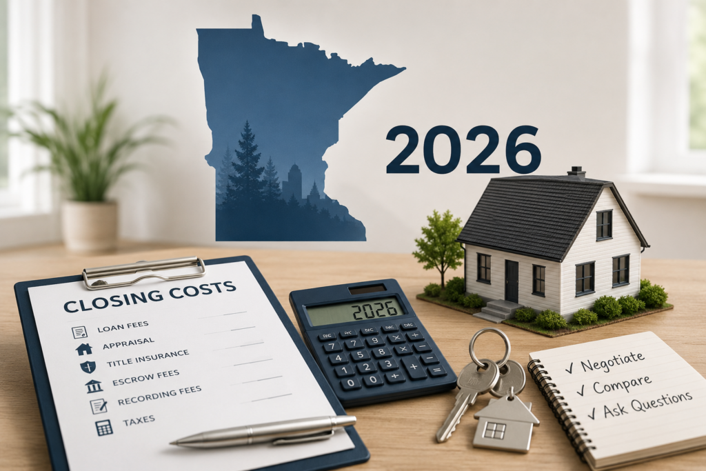 Closing costs checklist with calculator, house keys, and Minnesota state outline for 2026