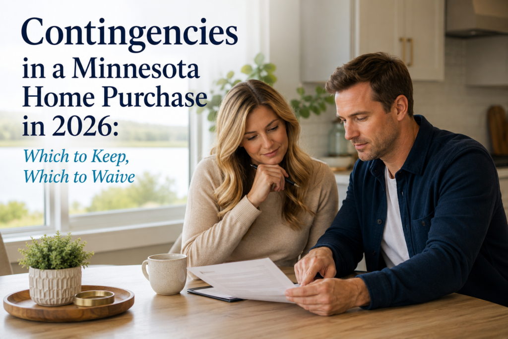 Couple reviewing a Minnesota home purchase agreement and contingencies at kitchen table