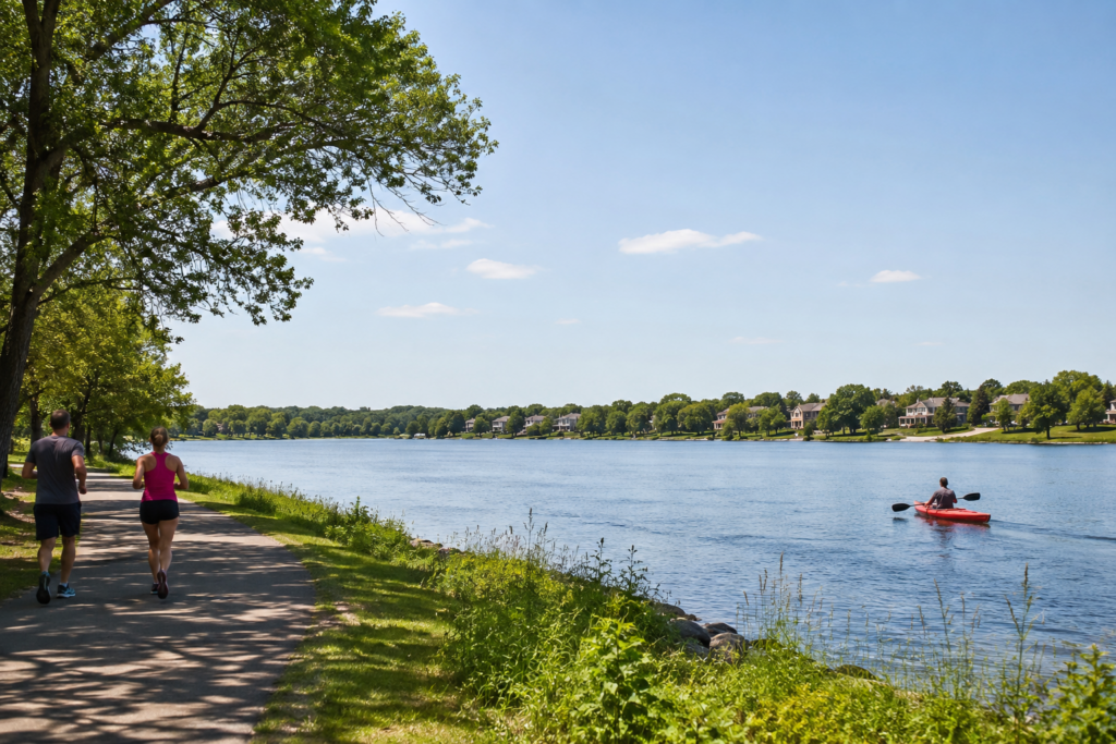 Couple jogging on a lakeside trail in Eden Prairie MN with a kayaker on the water and homes visible across the lake on a sunny summer day