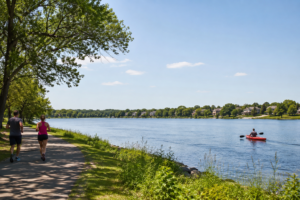 Couple jogging on a lakeside trail in Eden Prairie MN with a kayaker on the water and homes visible across the lake on a sunny summer day