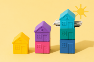 Colorful stacked toy houses with cash and a sun illustration representing the Twin Cities summer 2026 housing market
