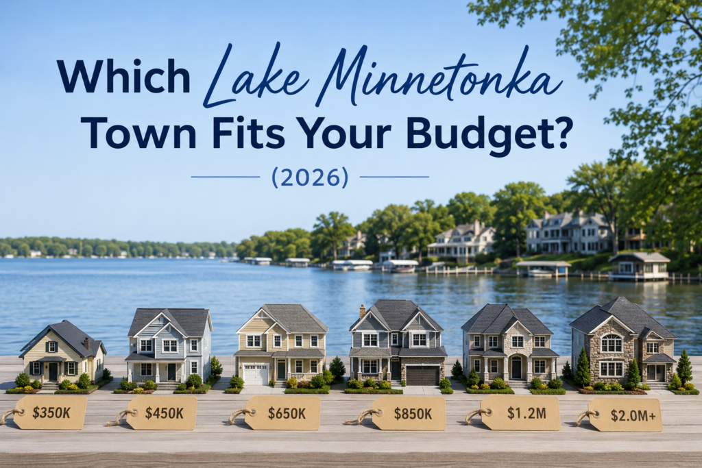 Featured image graphic titled "Which Lake Minnetonka Town Fits Your Budget? (2026)" showing a row of house illustrations with price tags from $350K to $2.0M+ along a Lake Minnetonka shoreline