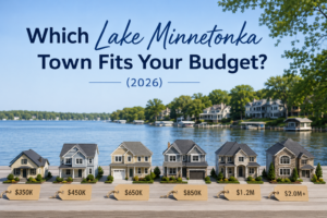 Featured image graphic titled "Which Lake Minnetonka Town Fits Your Budget? (2026)" showing a row of house illustrations with price tags from $350K to $2.0M+ along a Lake Minnetonka shoreline
