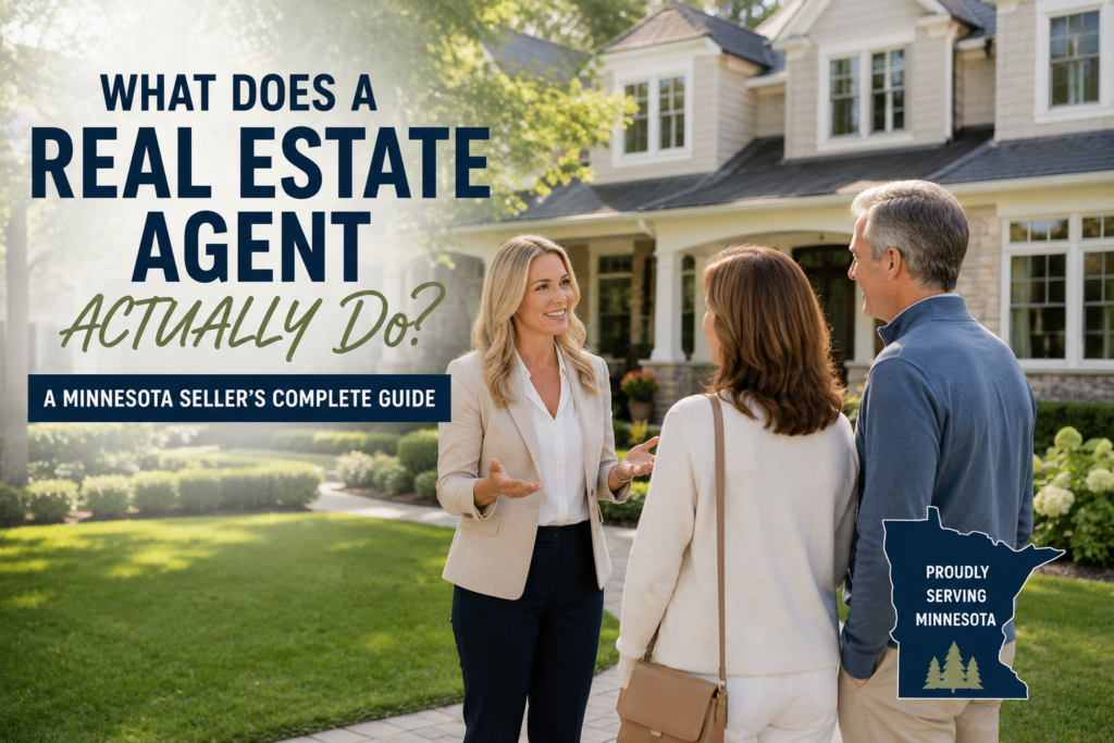 A real estate agent meets with home sellers outside a Minnesota home to discuss the listing process