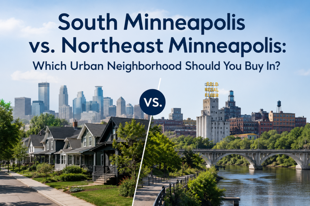 South Minneapolis vs. Northeast Minneapolis split image comparing residential bungalow street to Nordeast riverfront and Stone Arch Bridge