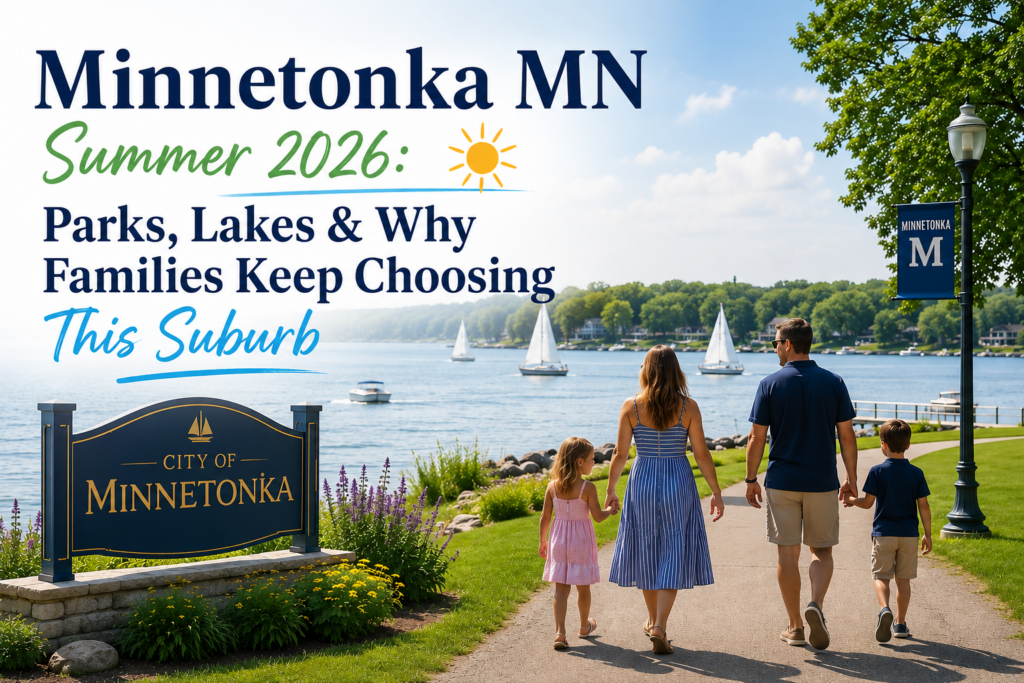 Family walking along a lakeside path in Minnetonka MN with sailboats on the water and a City of Minnetonka sign in summer