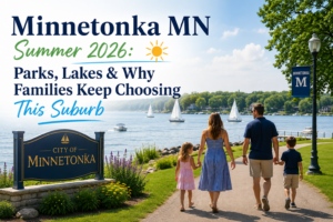 Family walking along a lakeside path in Minnetonka MN with sailboats on the water and a City of Minnetonka sign in summer