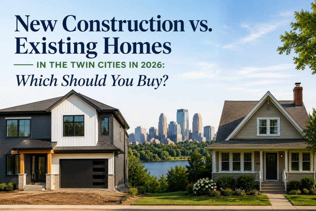 New construction home and existing home side by side with Minneapolis skyline, illustrating new build vs. resale comparison