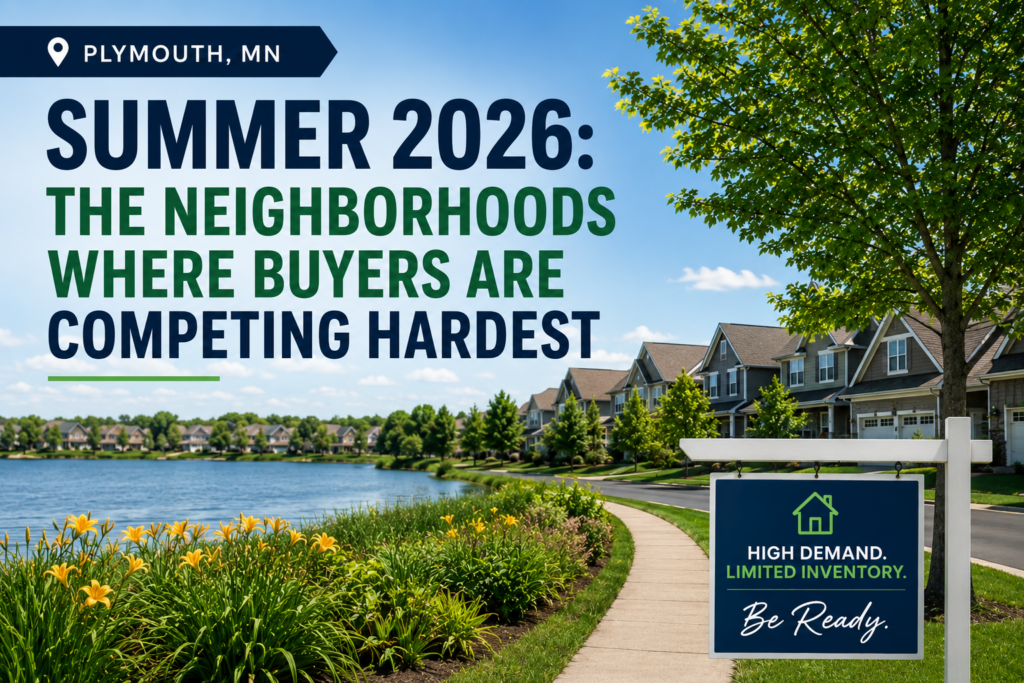 Plymouth MN lakeside neighborhood in summer 2026 with homes, walking path, and real estate sign reading High Demand Limited Inventory