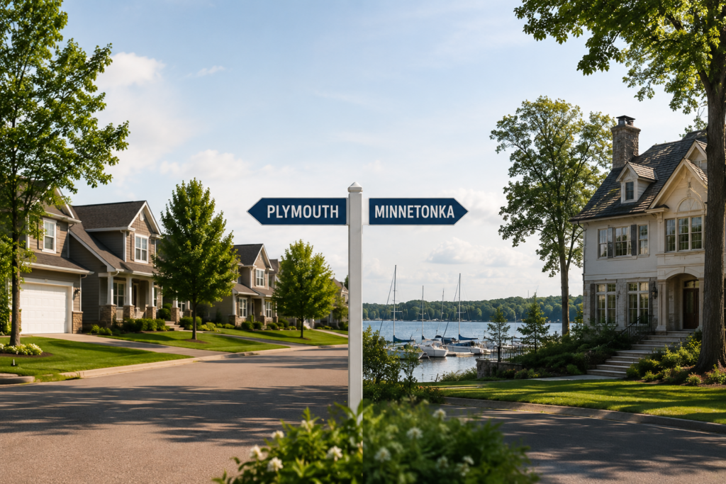 Street sign pointing toward Plymouth suburban homes and Minnetonka lakefront living in the Twin Cities