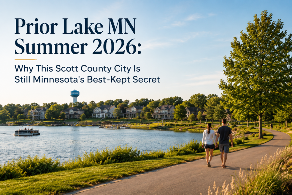 Couple walking along a lakeside trail in Prior Lake MN with homes, docks, and a pontoon boat visible across the water on a sunny summer evening
